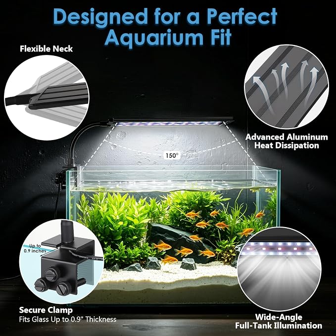 AQQA Clip On Aquarium Plant Light 24/7 Cycle Fish Tank Light | Full Spectrum with DIY RGBW Mode, 6 Timer Settings, 9 Color Options & 10 Dimmable Levels for (17W for 11.8"-15.7" Tank)