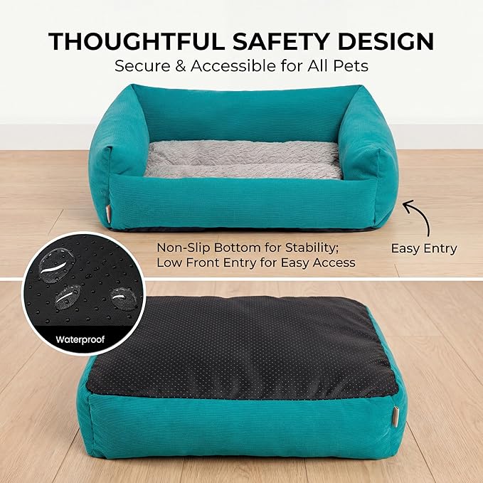 Miguel Cat and Dog Bed, Bolster, Small 20"x17"x7", Up to 10lbs, Washable, Polycotton Fill, Blue, Square, Solid