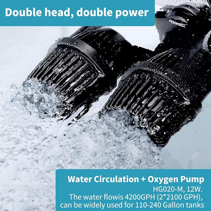 hygger 4200GPH Double Head Aquarium Circulation Pump, Quiet 12W Aquarium Wave Maker, with Strong Magnetic Suction Base, 360°Adjustable Power Head, for 110~240 Gal Tank