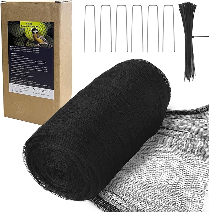 Bird Netting for Garden - 13 x 16.4 FT Heavy Duty Anti Bird Netting Mesh with Ties and Landscape Staples for Vegetable, Fruit Trees & Other Plants, Lasting Against Birds Deer Squirrels and Poultry