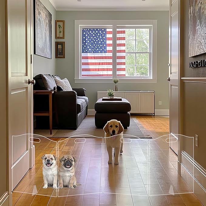 Clear Acrylic Dog Gate for Indoor Use – 4 Panel Pet Gate for Doorways, No Drilling, Foldable Dog Barrier,Foldable Doggy Cat Fence with Support Feet for Home, Stairs, and Puppy Playpen