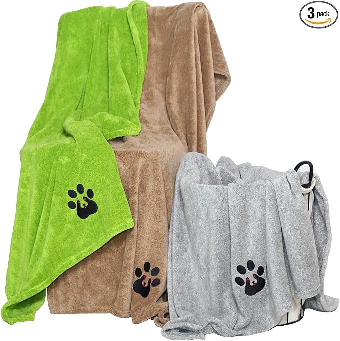 Dogvingpk Extra Large Dog Towel 3 Pack, Super Absorbent Soft Quick Drying Microfiber Pet Bath Towels for Large & Medium Dogs (XL-55" * 36", Green and Brown and Grey)