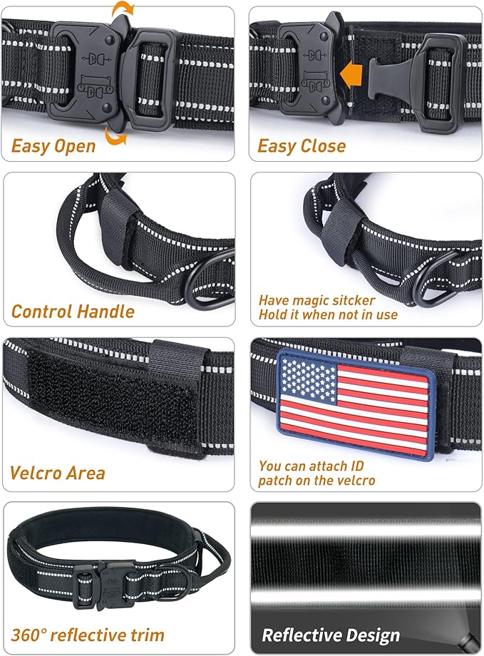 AUBELL Reflective Tactical Dog Collar,Adjustable Military Heavy Duty K9 Collars with Handle and Quick Release Metal Buckle Great for Medium Dogs, with Airtag Case and 2 Patches (Black,M)
