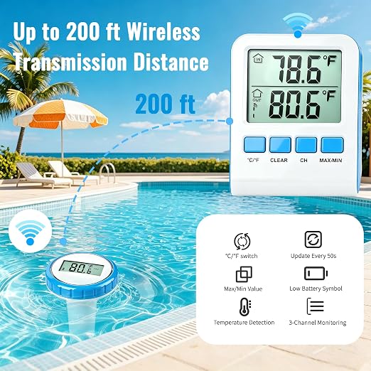 Pool Thermometer Floating Easy Read, Waterproof Wireless Digital Pool Thermometer with Large Screens, IPX8 Waterproof High Precision Temperature Gauge for Swimming Poo, Hot Tub, Spa, Pond, Fish Tank