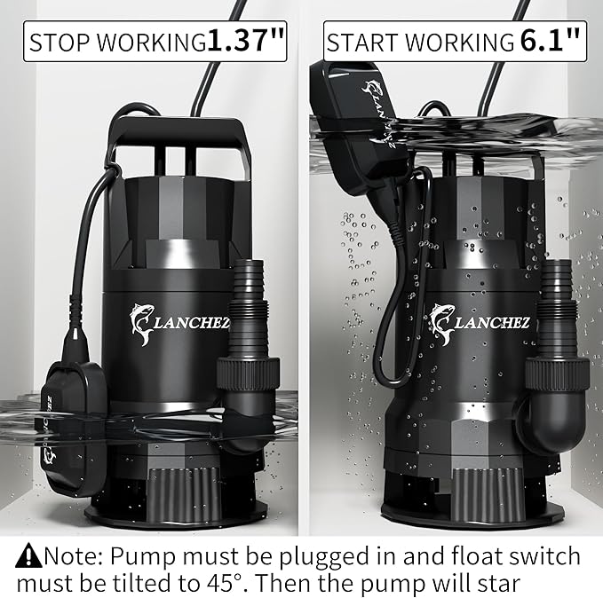 LANCHEZ 1.6HP 6000GPH Sump Pump, High Flow Submersible Water Pump with Float Switch, Automatic Transfer Water Pump for Swimming Pool Basement Flooded Pit Sewage Sink Tub, Black