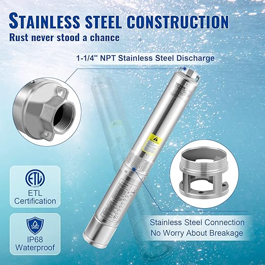 VEVOR Deep Well Submersible Pump, 3HP/2200W 230V/60Hz, 37GPM Flow 640 ft Head, with 33 ft Electric Cord, 4 inch Stainless Steel Water Pumps for Industrial, Irrigation & Home Use, IP68 Waterproof Grade
