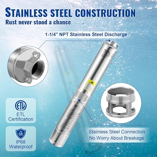 VEVOR Deep Well Submersible Pump, 1HP 230V/60Hz, 37gpm Flow 207ft Head, with 33ft Electric Cord, 4" Stainless Steel Water Pump for Industrial, Irrigation&Home Use, IP68 Waterproof Grade | for Industrial Irrigation & Home Use, 4" Stainless Steel Water P...
