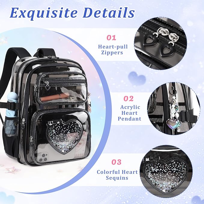 Clear Backpack for School Girls, Cute Heavy Duty PVC Transparent Bookbag, See-Through Bag for Stadium Event Semi-Black
