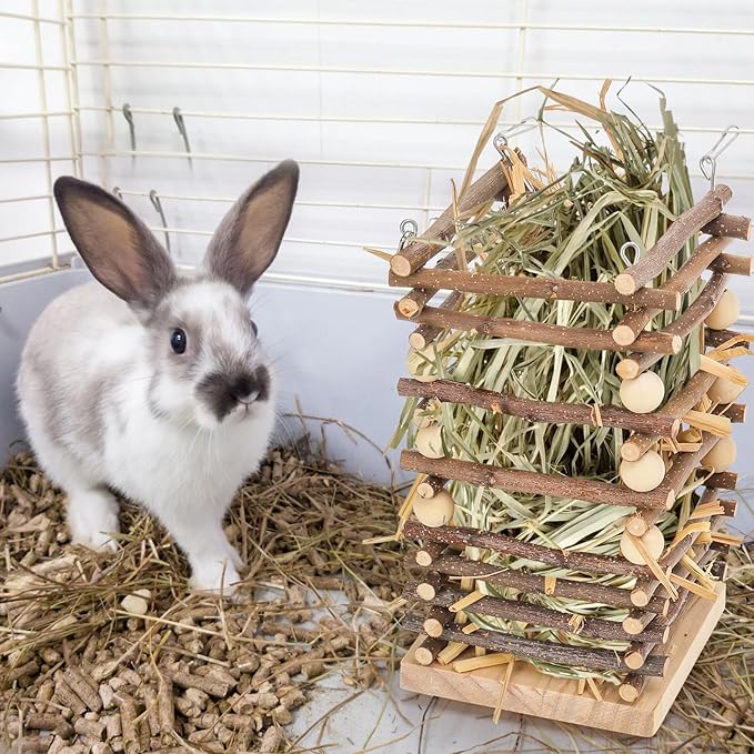 Eorbow Wood Rabbit Hay Feeder, 7" Hanging Grass Holder with 2 Hooks, Small Animals Feeding Hay Manager for Cage, Bunny Hay Feeder Rack for Chinchilla Guinea Pig Hamster Gerbil