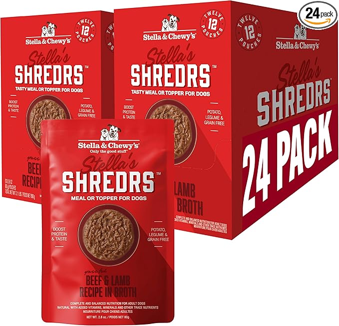 Stella & Chewy's Grass Fed Beef & Lamb Shredrs - Premium Dog Food Pouches - Perfect for Picky Eaters - 24 Pack, 2.8oz Each