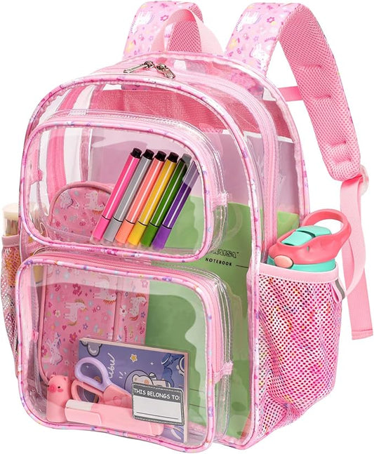 Bagseri Clear Backpack for Girls - 15 Inch Heavy Duty Kids Clear Bookbag for Kindergarten to Grade 2, Transparent School Bag with Reflective Strip, Fits Folders, Pink Unicorn
