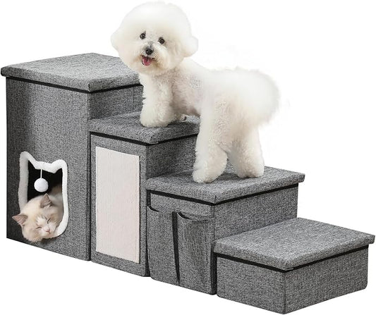 Pet Steps for Small Dogs, 4-Step Non-Slip Pet Stairs for Cats, Dog Stairs with Storage,Cat Stairs for Bed with Condo Cat Scratcher, Arthritis-Friendly, Grey