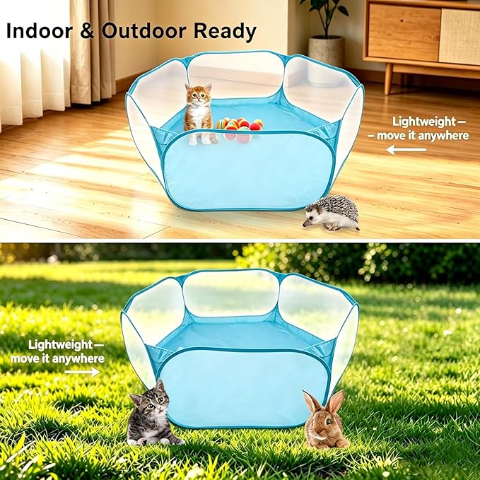 Small Animal Playpen, Portable 6-Sided Foldable Yard Fence for Rabbits, Hamsters, Chinchillas, Hedgehogs, High-Strength Steel Mesh Tent for Indoor & Outdoor Use (Blue)