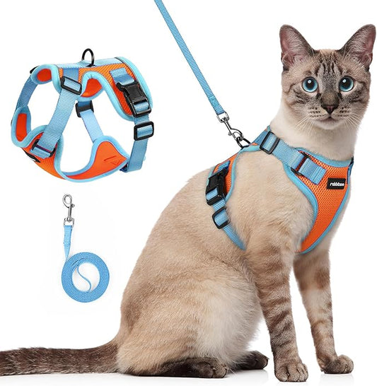rabbitgoo Cat Harness and Leash Set, Escape Proof Soft Adjustable Vest Harnesses for Outdoor Walking, Easy Control Breathable Kitten Jacket with Reflective Strips, Orange & Light Blue, S