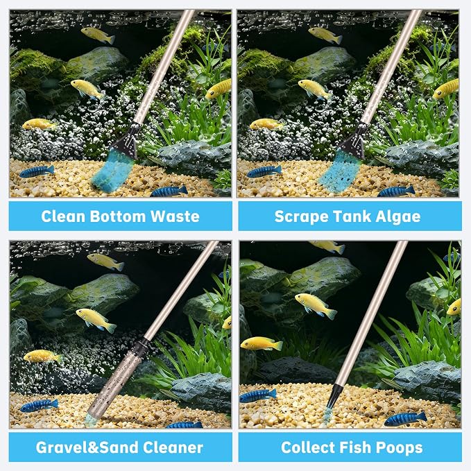 Aquarium Gravel Vacuum, 6.5Ft Hose, Adjustable Manual Siphon for Tanks | 2-in-1 fish tank gravel vacuum w/ brush, 6.5Ft hose, manual siphon, no power needed.