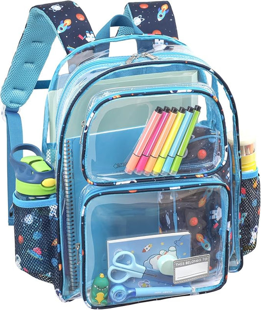Bagseri Clear Backpack for Boys - 15 Inch Heavy Duty Kids Clear Bookbag for Kindergarten to Grade 2, Transparent School Bag with Reflective Strip, Fits Folders, Navy Space