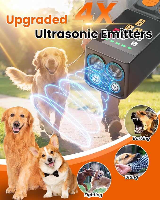 [Digital LED Display] ultrasonic Dog bark Deterrent with 4 Transmitters, 10 Gears Dog Training Device for Large/Medium/Small Dogs, Rechargeable Anti Barking Device & Dog Repellent with Flashlight