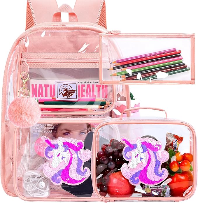 Clear Backpack for Girls and Boys, Kids Transparent Bookbag, 3PCS Cute See Through School Bag for Elementary Prechool