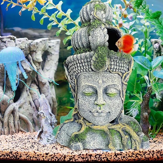 Hamiledyi Buddha Head Statue Aquarium Decorations Resin Fish Hideout Betta Cave for Large Fish Tank Ornaments Betta Sleep Rest Hide Play Breed(Large Size)