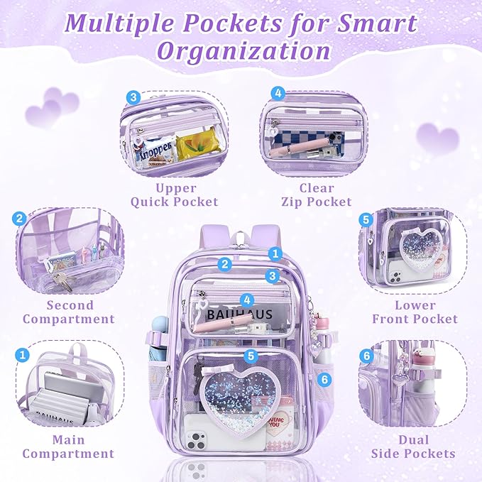 Clear Backpack for School Girls, Cute Heavy Duty PVC Transparent Bookbag, See-Through Bag for Stadium Event Purple