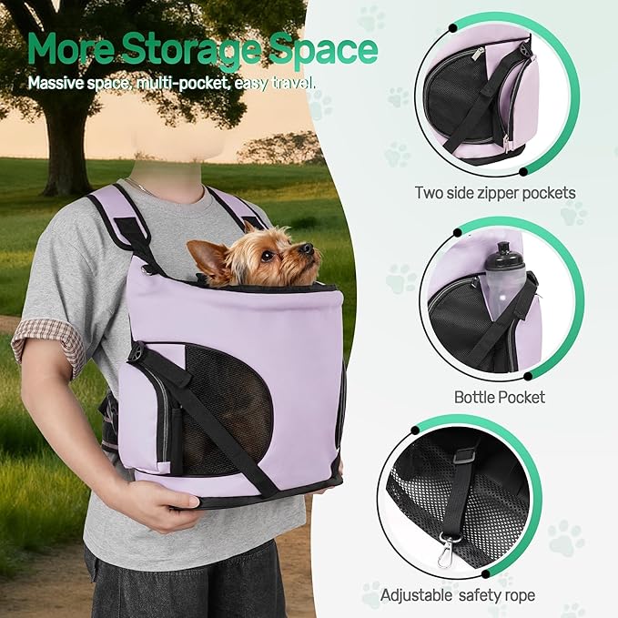YUDODO Dog Front Backpack Carrier 5-15 lbs, Soft Breathable Pet Front Facing Carrier with Adjustable Straps, Multi-Pocket Design, for Small Dogs & Cats (Purple)