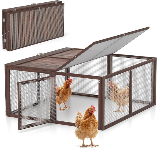 Chicken Coop, Wooden Rabbit Hutch Outdoor Indoor Folding Bunny Cage with Handle Portable Chicken Run with Top & Side Opening Doors Small Animal Playpen No Assembly Pet Poultry Cage for Bunny(Brown)