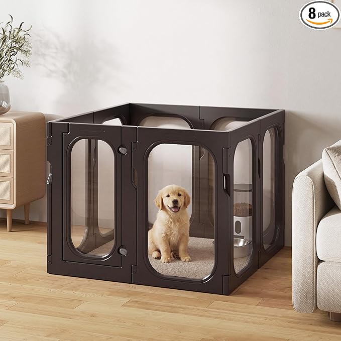Acrylic Clear Dog Playpen Indoor with Door, 26'' H Transparent Dog Play Pen for Small Dogs, No-Connector Modular Puppy Playpen with Integrated Suction Cups Base, 8 Panels, Black