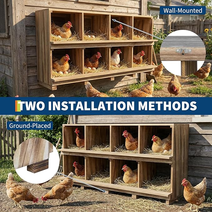 8-Compartment Wooden Chicken Nesting Box with Perches – Durable Egg Organizer for Bird Cages & Coops – Wall or Floor Mount – Prevents Egg Breakage – Ideal for Chickens, Ducks