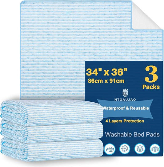 Bed Pads for Incontinence Washable, 3 Packs 36x34 Inch Reusable Waterproof Soft Wetting Pee Underpad for Adults, Elderly, Seniors, Women, Kids & Pets, Machine Washable Pad for Bed, Sofa-Blue