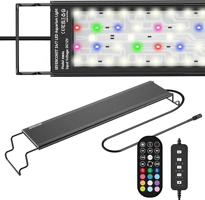 24/7 LED Aquarium Light with Remote for 24-30 Inch Plant & Fish Tank IP68, 12-Color & Gradient & Full Spectrum Light with Timer, Auto On/Off, Brightness, Extendable Brackets for Freshwater