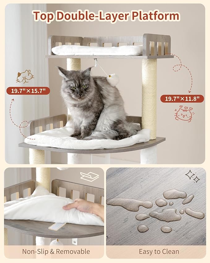 Heybly Cat Tree, 70.5 Inch Wood Tall Cat Tower for Large Indoor Cats with Extra Stable Structure, Modern Cat Furniture with All-Sisal Scratching Posts, Cat Condo & Hammocks, Greige HCT121SG