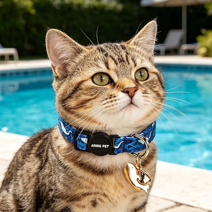 ARING PET 2 Pack Cat Collars with Bell, Cute Soft Cotton Kitten Kitty Breakaway Summer Cat Collars for Boy Girl Cats-Blue Ice Pop & Whale