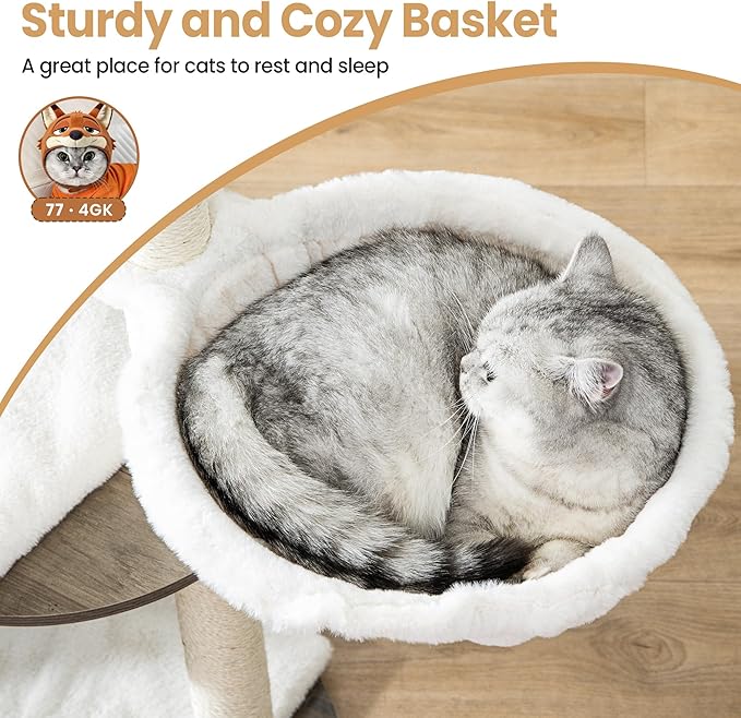 Modern Wood Cat Tree Tower for Indoor Large Cats, Cat Scratching Posts with Big Perch Bed, 44.8" Tall Multi-Level Wooden Cat Condo with Hammock, Removable Pads, Kitty Furniture, Greigy