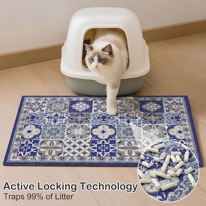 Glittme Cat Litter Mat with Non-Slip Bottom Litter Box Mat 33"X22" Litter Trapping Mat Easy to Clean Washable Cat Food Mat for Kitty,L