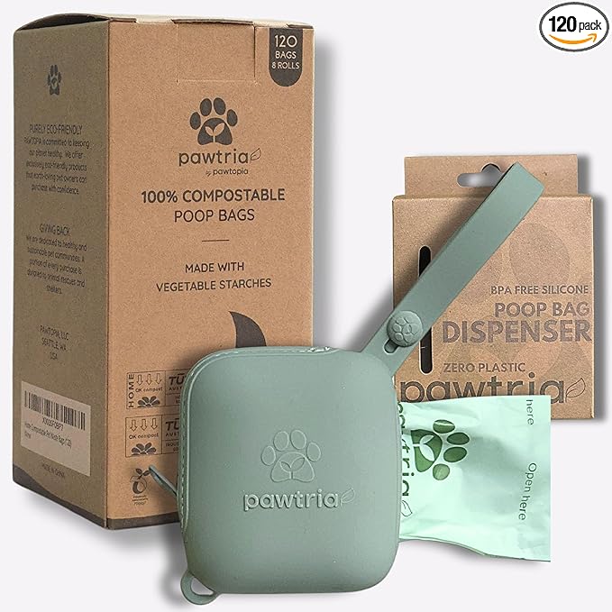Pawtria Walk Duo Set: Certified Home Compostable Dog Poop Bags (120) + Premium Silicone Dog Poop Bag Dispenser (3.25"H X 2.75"L), BPA-Free, Leak-Proof, Light, Durable, Supports Rescue Dogs