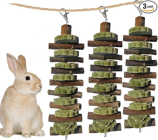 kathson 3 PCS Bunny Chew Toys for Teeth Grinding, Chinchilla Treats Organic Bamboo Sticks Natural Fruitwood Branches for Rabbits Guinea Pigs Hamsters (Fruitwood Sticks+Alfalfa Cakes)