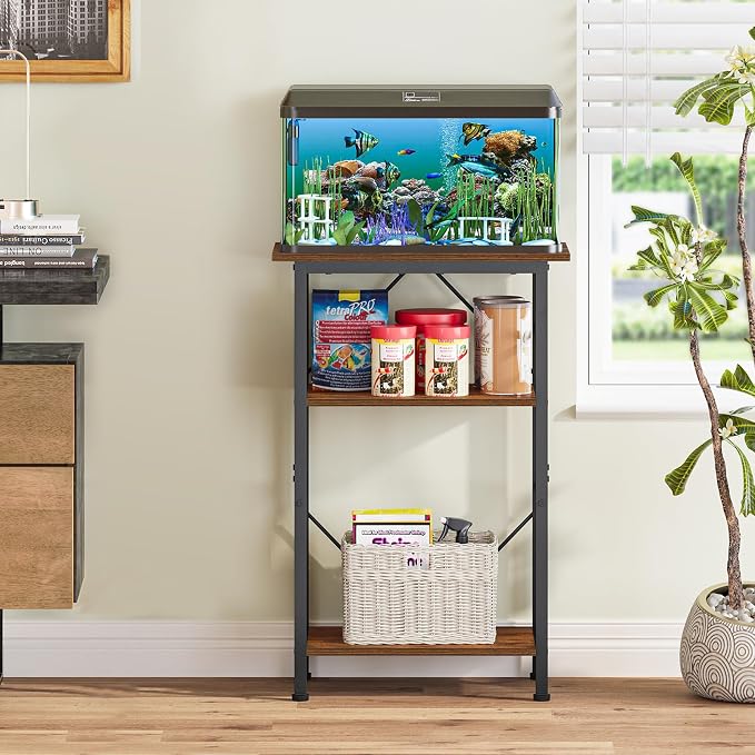 Snughome 5-10 Gallon Aquarium Stand, 3 Tier Fish Tank Stand with Storage, Fish Tank Stand with Metal Frame, Reptile Turtle Tank Stand for Home Office, 20.47" x 11.02" x 30.52", Rustic Brown