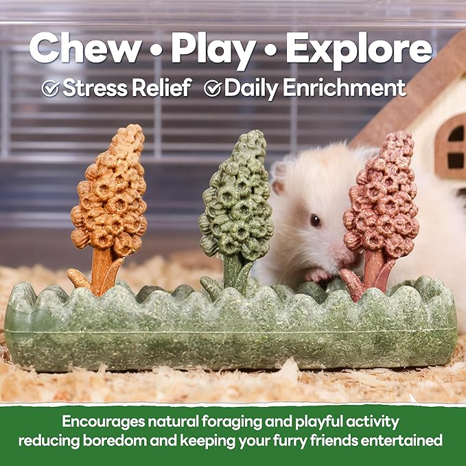 TEEWY 4PCS Guinea Pig Chew Toys, Prevent Teeth Overgrowth, Natural Timothy Grass & Vegetables, Hamster Toys, Guinea Pig Toys, Chinchilla Toys, Grass Patch & Hyacinth