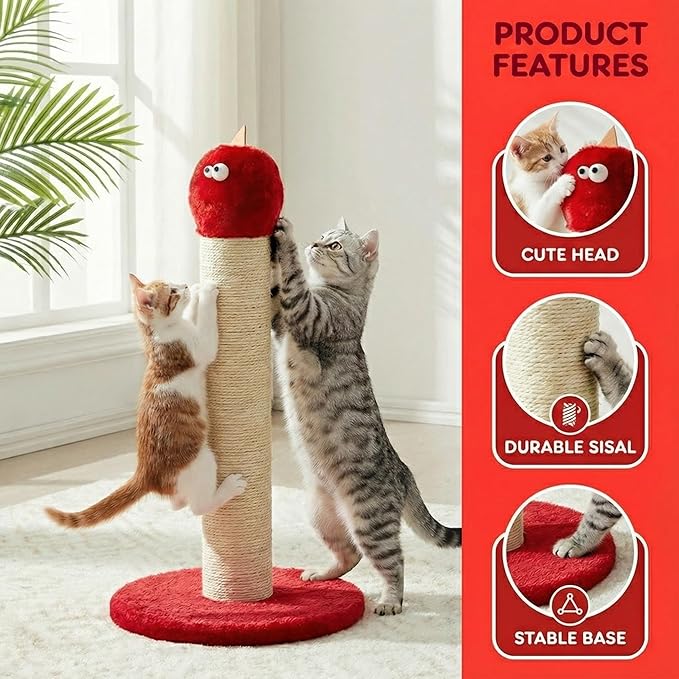 Cat Scratching Post 22'', Scratching Post with Extra Wide 12" Heavy Duty Base for Indoor Kitty, Scratching Post with Natural Sisal & Velvet Fabric for Small, Medium Cat, Red