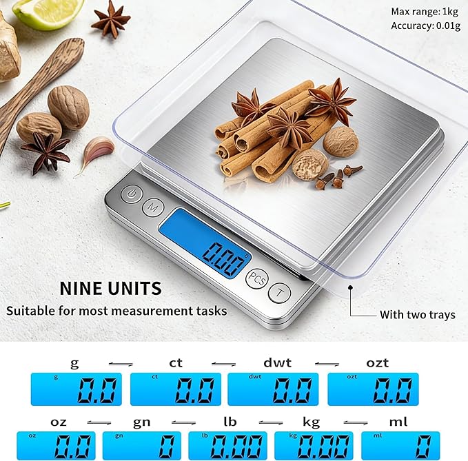 Digital Gram Scale 1000g/0.01g, Scale for Food Ounces and Grams, Upgrade USB Charging Kitchen Scale Digital Weight for Cooking, Baking, Tare Function, 9 Units, 2 Tray