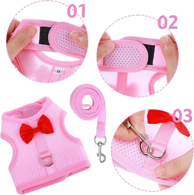 Bunny Harness and Leash Set, Soft Breathable Mesh Rabbit Leash Vest with Safety Buckles, Lightweight Escape-Proof Walking Gear for Rabbits, Kittens, Ferrets, Guinea Pigs, Pink M