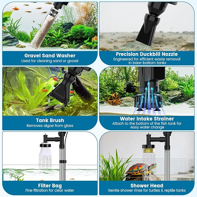 AQQA Aquarium Gravel Cleaner, 6-in-1 Electric Fish Tanks Gravel Vacuum | Anti-Clog Gravel Barrier, Sand Washer, Water Changer, Filter Bag, Adjustable Flow, 211GPH for 15+ Gallon Tanks