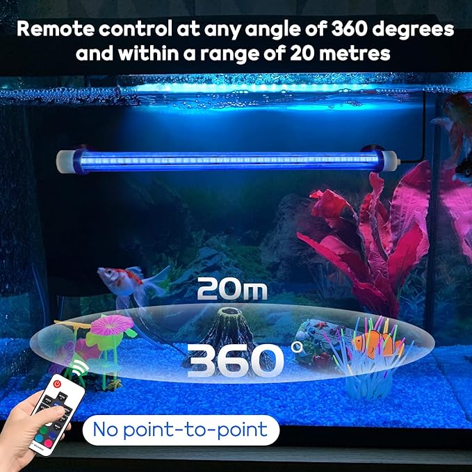 Submersible Fish Tank Light: Underwater Aquarium Light with Remote and Suction for Home Fish Keeper -Full Spectrum Aquarium Tank Light with Colors Change for 19.6In Saltwater Freshwater Tank
