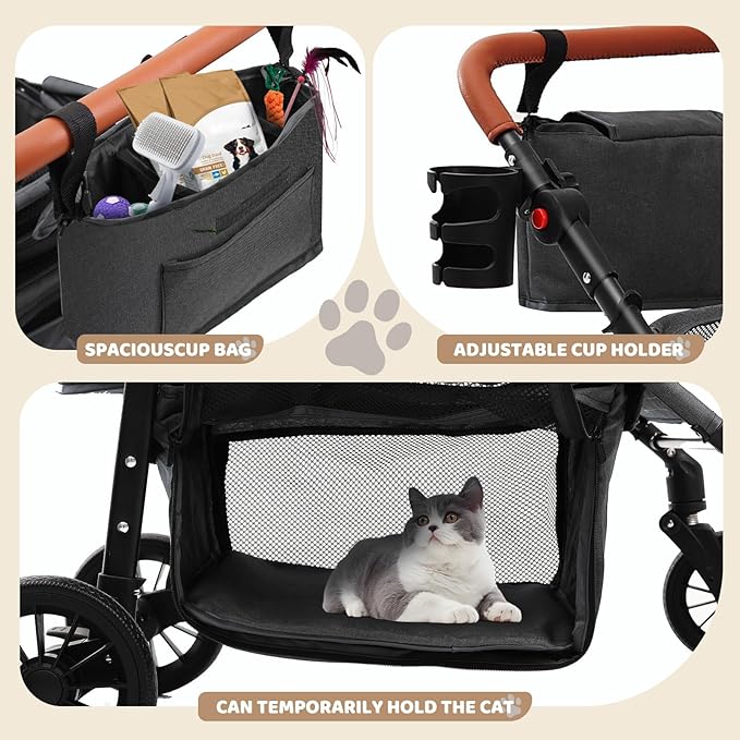 Dog Stroller for Small Pets, All-Terrain 4-Wheel Cat & Dog Carrier with 360° Front Wheels, Adjustable Handle & Canopy|Cup Holder & Storage Basket|Foldable in One Step|Ventilated Design for Comfort