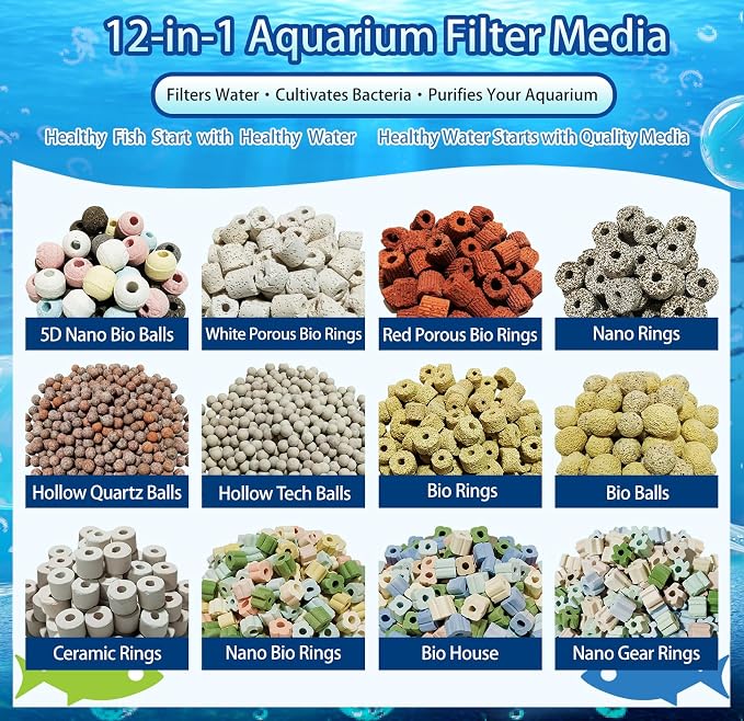 12-in-1 Bio Filter Media Kit - Bio Balls, Ceramic Rings for Aquarium | Supports Nitrogen Cycle for Crystal Clear Water. pH Neutral for Freshwater, Saltwater, Pond, Sump & Canister Filters(2lb)