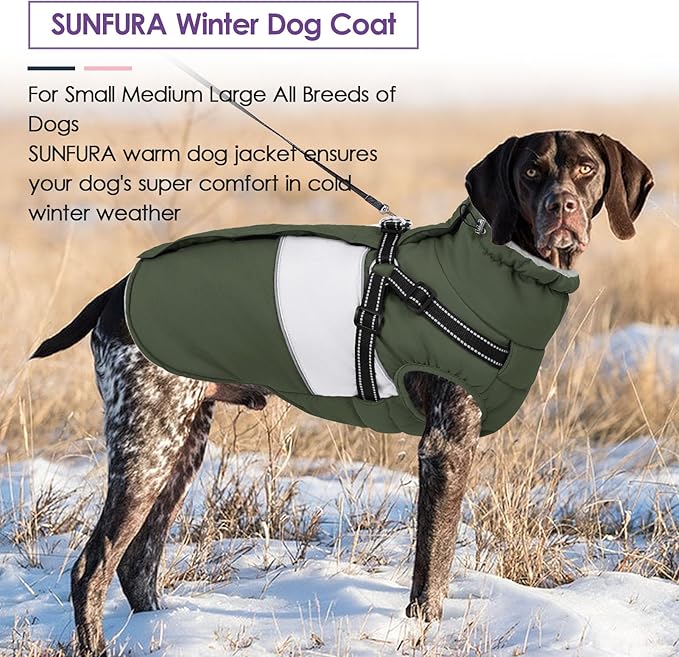 Dog Coat for Large Dogs, Warm Pet Jacket Winter with Harness Built in, Waterproof Pet Snow Jacket with Furry Collar, Reflective Fleece Snowsuit for Extra Large Dogs, Army Green XL