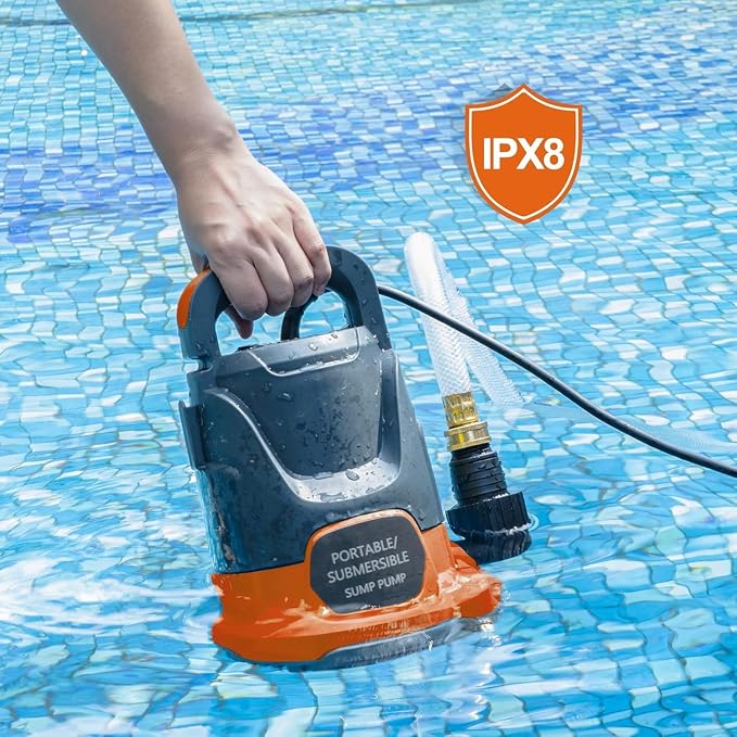 Sump Pump 1HP Submersible Water Pump 3700GPH Electric Portable Transfer Water Pump for Pool Draining Basement, Light Orange