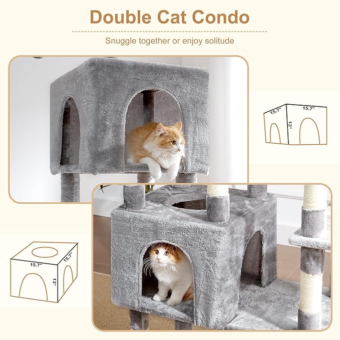 Heybly Cat Tree, 76-Inch Tall Heavy Duty Cat Tower for Big Cats with Extra Wide Baseboard, Multi-Level Large Cat Furniture with 2 Condos & 2 Hammocks, 10 Scratching Posts, Light Gray HCT039W