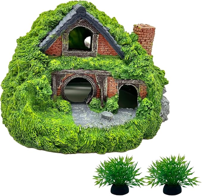 Tfwadmx Fish Tank Hobbit Decorations,Resin Small Fish Cave Hideout House,Aquarium Decor Hide Hole Shelter Hut Ornaments Mini Garden Decorating Accessories