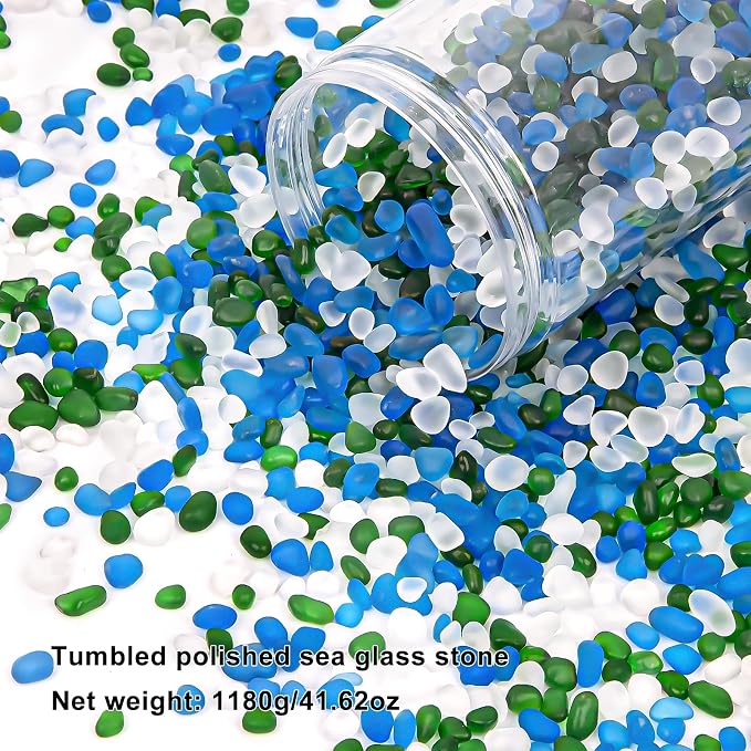 QEQEKAKA Sea Glass Stones for Crafts 2.75LB White Green Blue Gemstones Bulk | Small Glass Stones for Beaching Wedding DIY Decor Aquarium Turtle Tank Vase Filler (1180g/41.62oz)